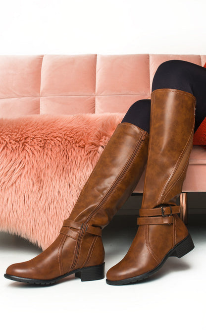 Faux Leather Buckle Knee High Boots - Black River UK