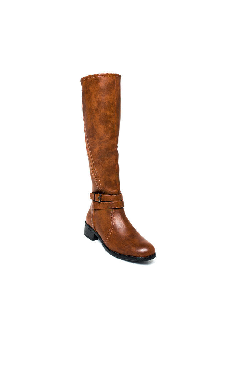 Faux Leather Buckle Knee High Boots - Black River UK
