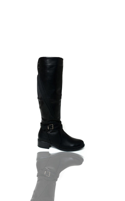 Faux Leather Buckle Knee High Boots - Black River UK