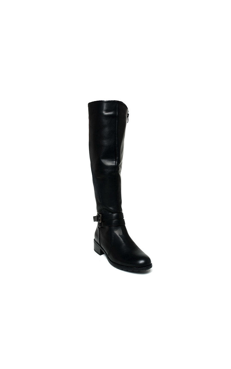Faux Leather Buckle Knee High Boots - Black River UK