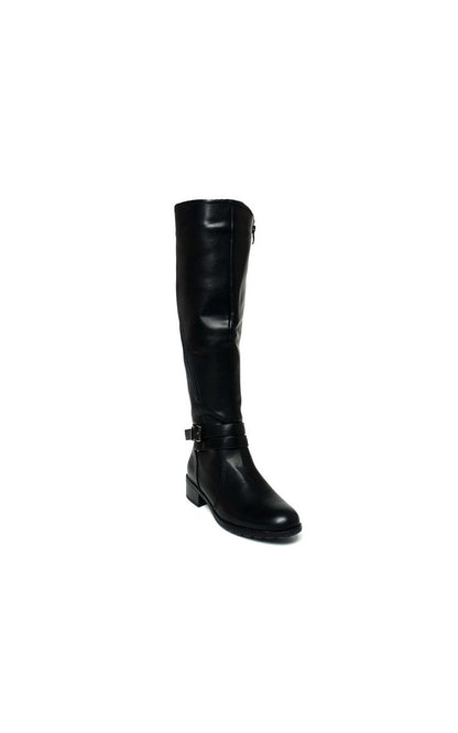Faux Leather Buckle Knee High Boots - Black River UK