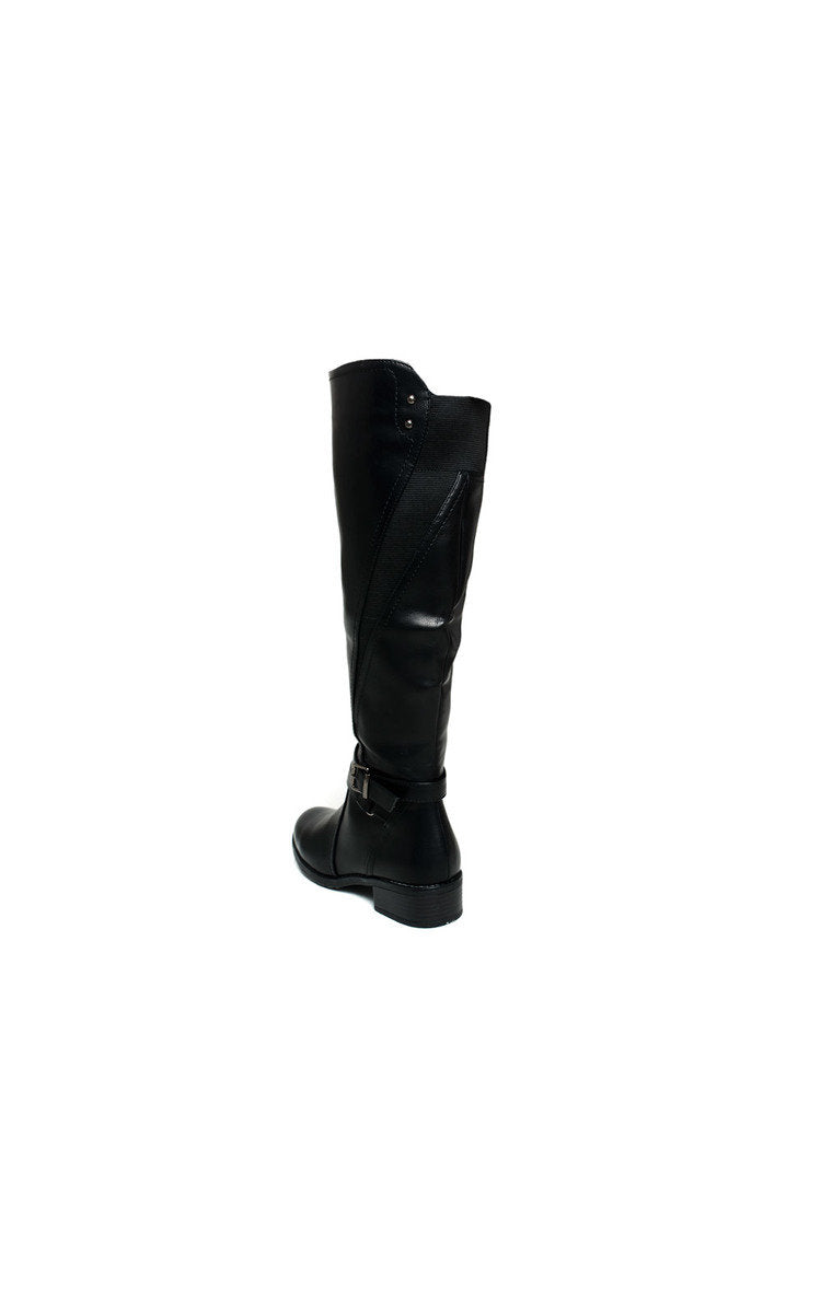 Faux Leather Buckle Knee High Boots - Black River UK