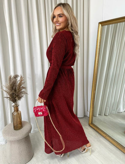 Elegant V Neck Tie Waist Glittery Maxi Dress - Black River UK