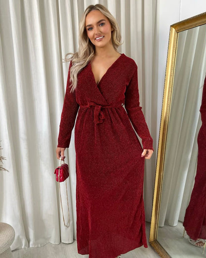 Elegant V Neck Tie Waist Glittery Maxi Dress - Black River UK
