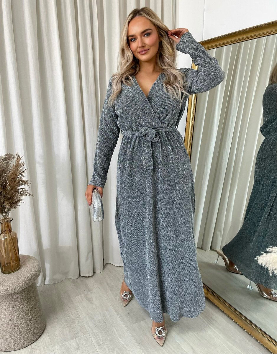 Elegant V Neck Tie Waist Glittery Maxi Dress - Black River UK