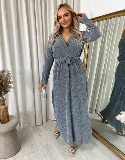 Elegant V Neck Tie Waist Glittery Maxi Dress - Black River UK