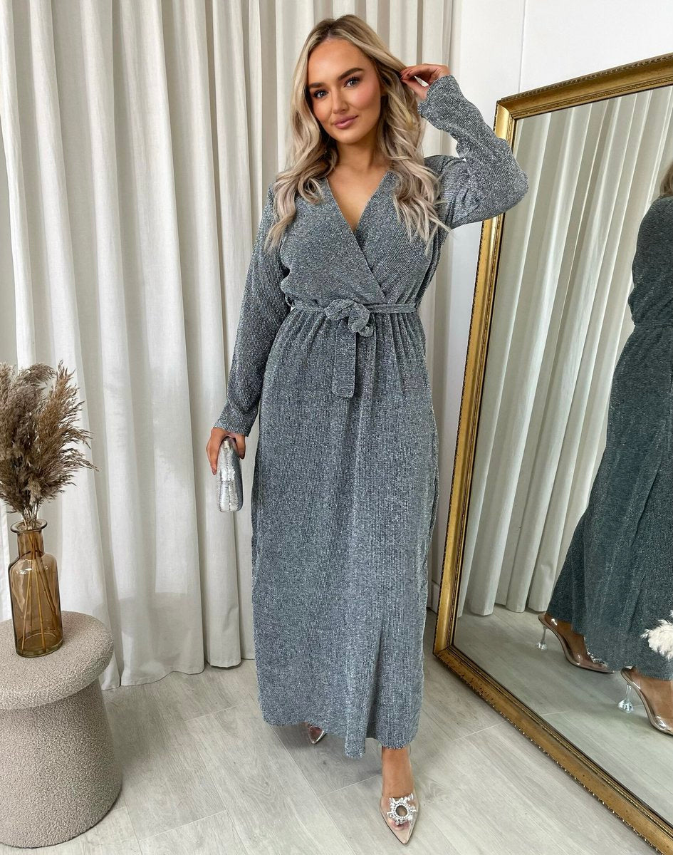 Elegant V Neck Tie Waist Glittery Maxi Dress - Black River UK