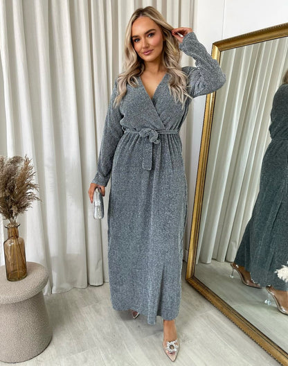 Elegant V Neck Tie Waist Glittery Maxi Dress - Black River UK