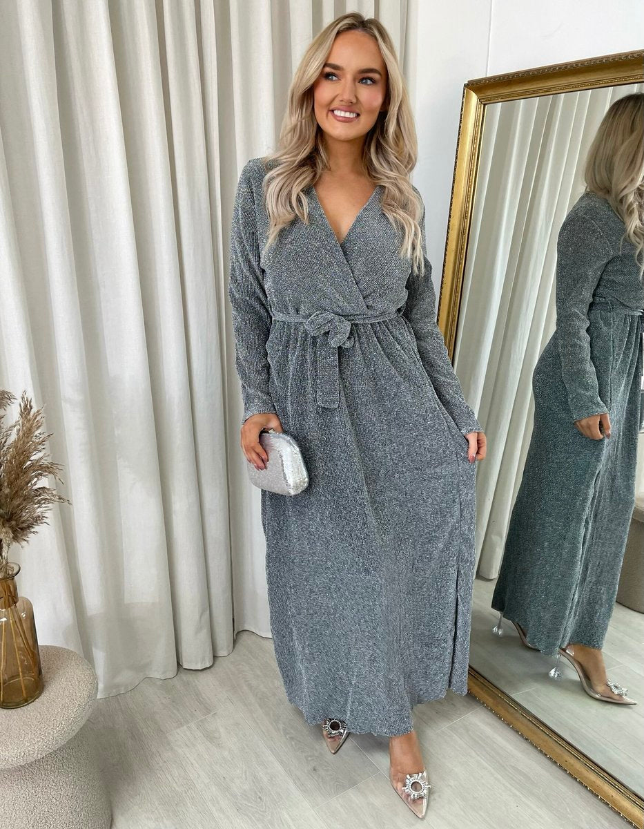 Elegant V Neck Tie Waist Glittery Maxi Dress - Black River UK