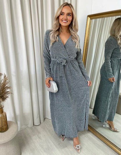 Elegant V Neck Tie Waist Glittery Maxi Dress - Black River UK