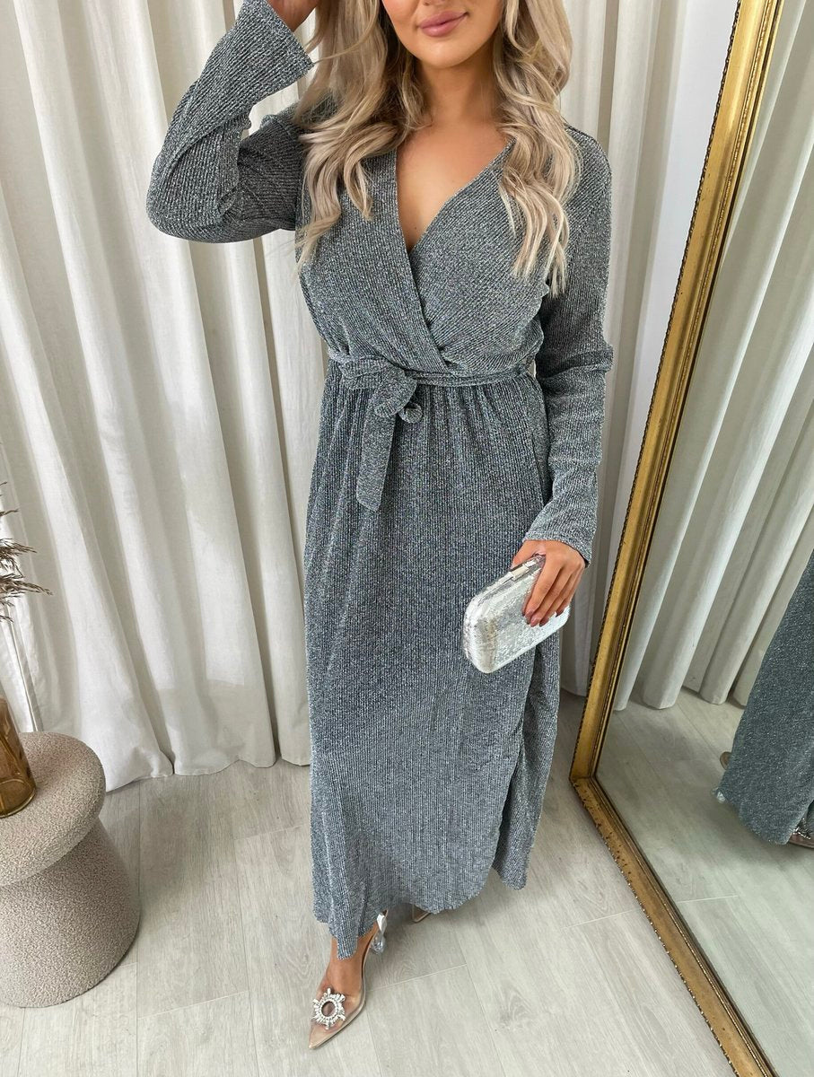 Elegant V Neck Tie Waist Glittery Maxi Dress - Black River UK