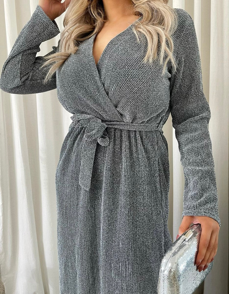 Elegant V Neck Tie Waist Glittery Maxi Dress - Black River UK