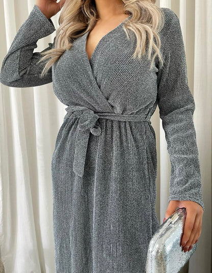 Elegant V Neck Tie Waist Glittery Maxi Dress - Black River UK