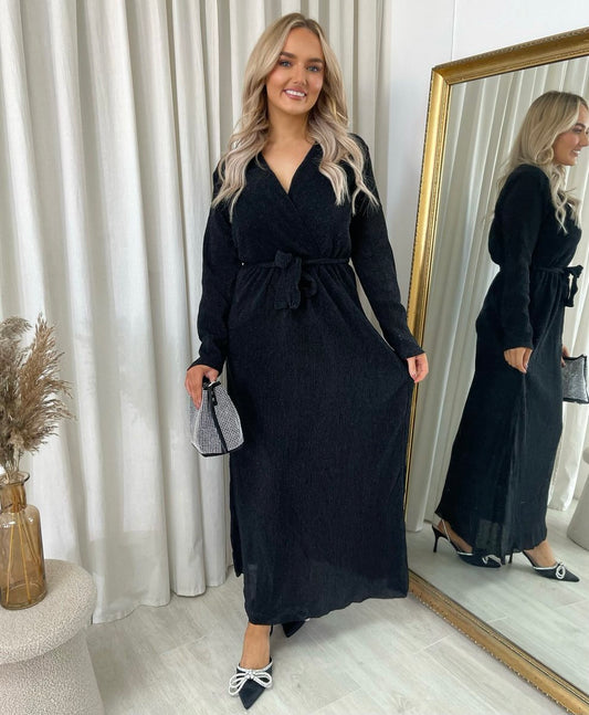 Elegant V Neck Tie Waist Glittery Maxi Dress - Black River UK