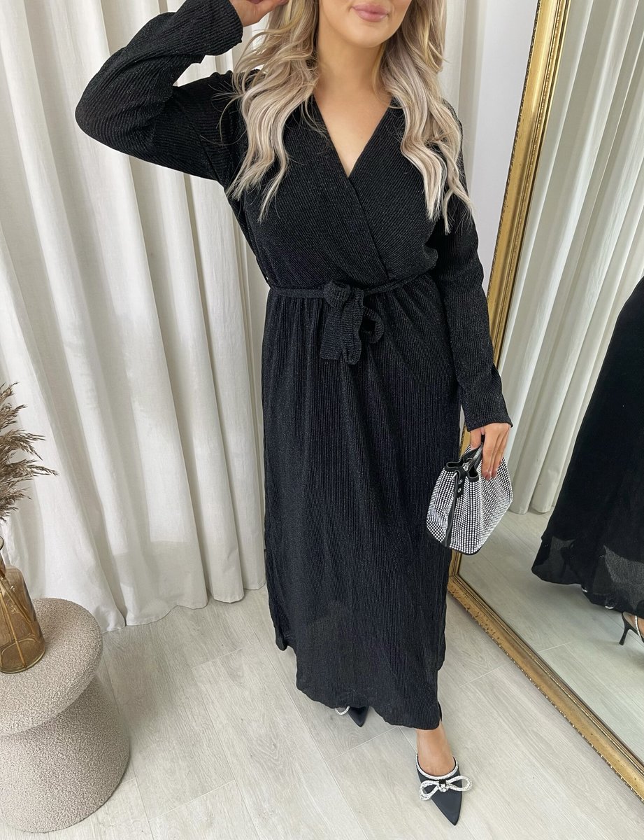 Elegant V Neck Tie Waist Glittery Maxi Dress - Black River UK