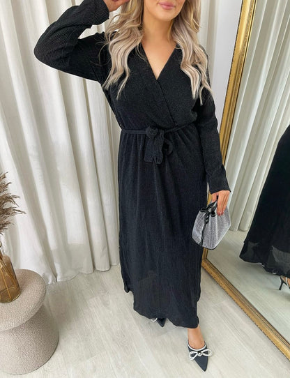 Elegant V Neck Tie Waist Glittery Maxi Dress - Black River UK