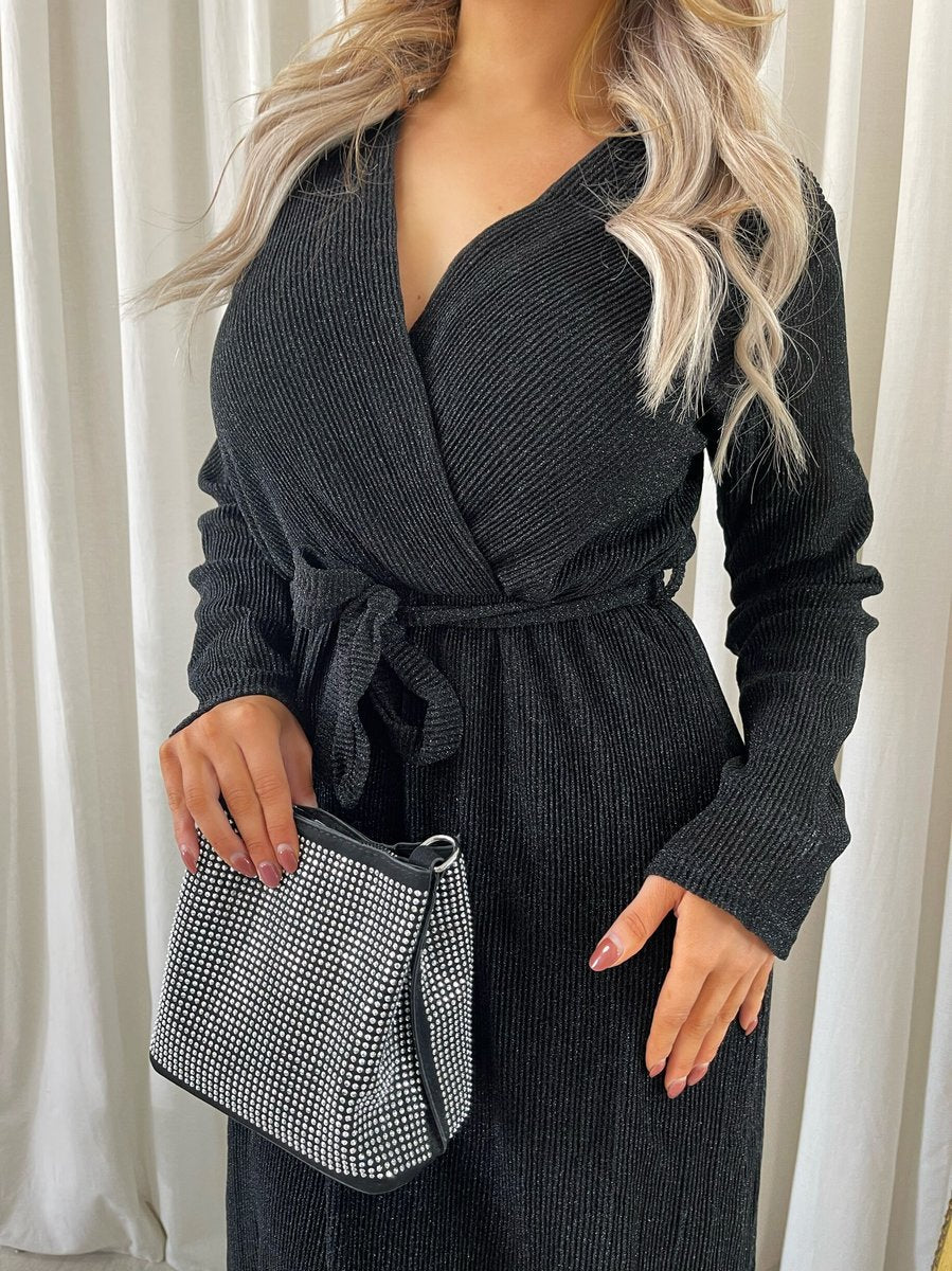 Elegant V Neck Tie Waist Glittery Maxi Dress - Black River UK