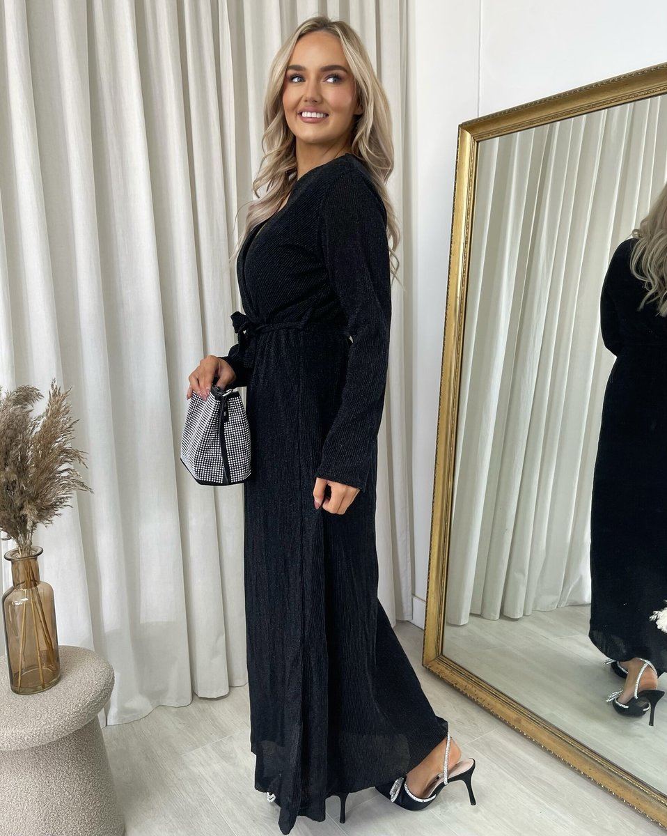 Elegant V Neck Tie Waist Glittery Maxi Dress - Black River UK