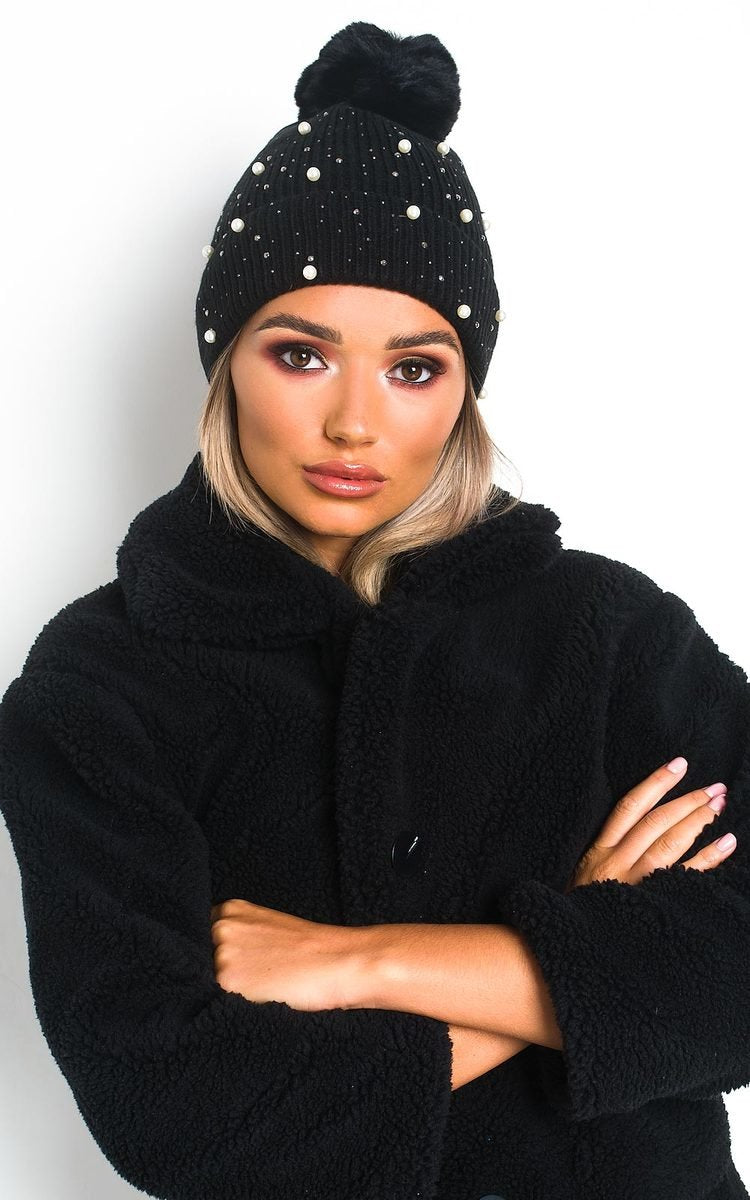 Pearl Embellished Pom Pom Hat - Black River UK
