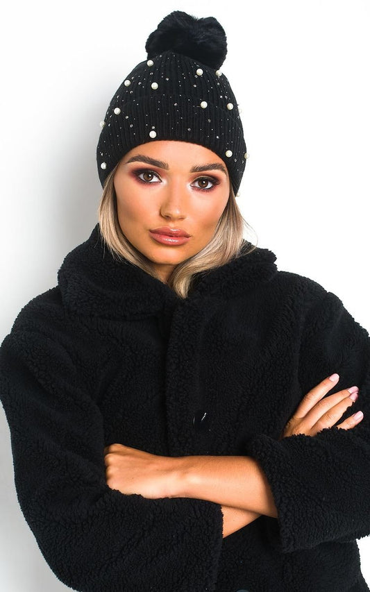 Pearl Embellished Pom Pom Hat - Black River UK