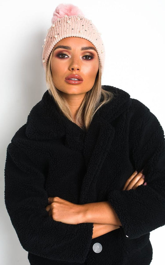 Pearl Embellished Pom Pom Hat - Black River UK
