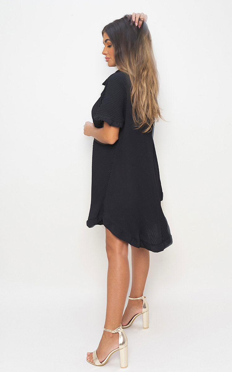 Button Down Oversized Ruffle Short Sleeve Mini Dress - Black River UK