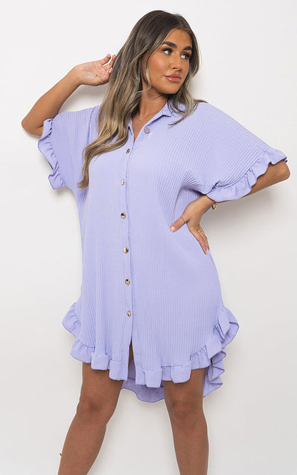 Button Down Oversized Ruffle Short Sleeve Mini Dress - Black River UK
