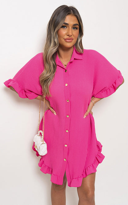 Button Down Oversized Ruffle Short Sleeve Mini Dress - Black River UK