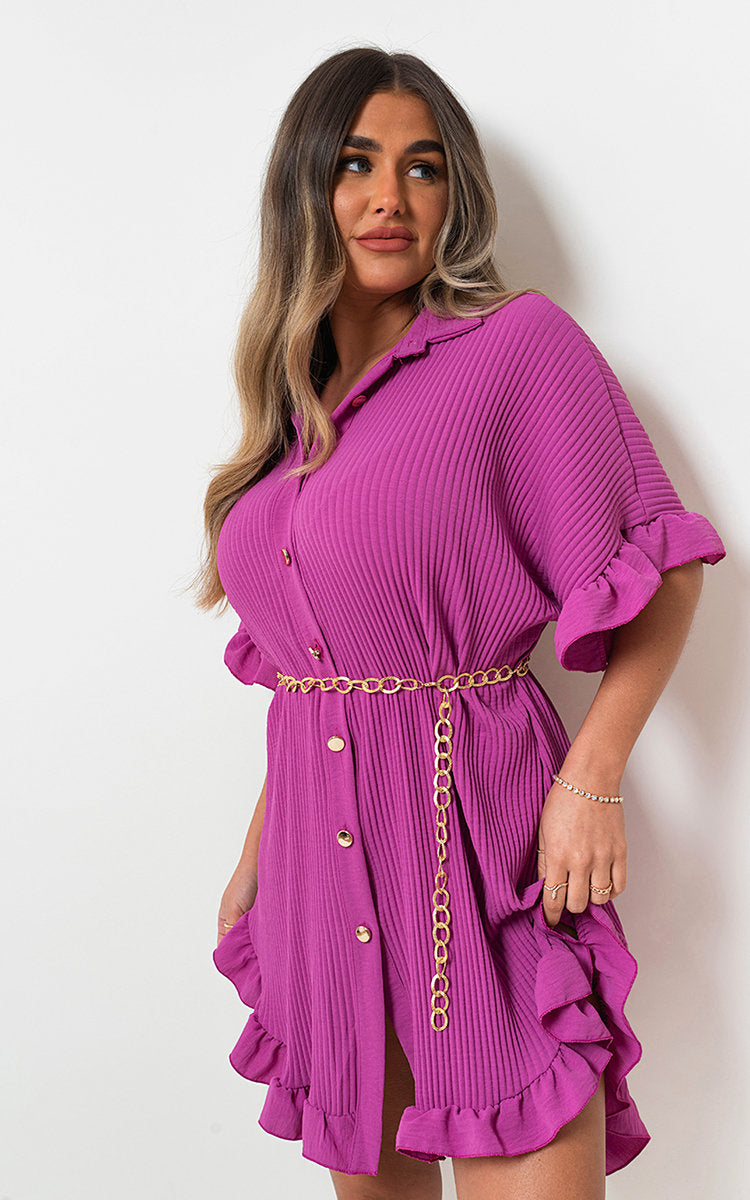 Button Down Oversized Ruffle Short Sleeve Mini Dress - Black River UK