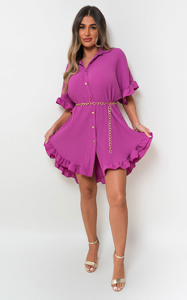 Button Down Oversized Ruffle Short Sleeve Mini Dress - Black River UK
