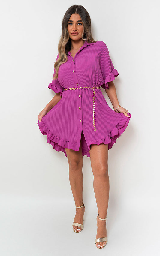 Button Down Oversized Ruffle Short Sleeve Mini Dress - Black River UK