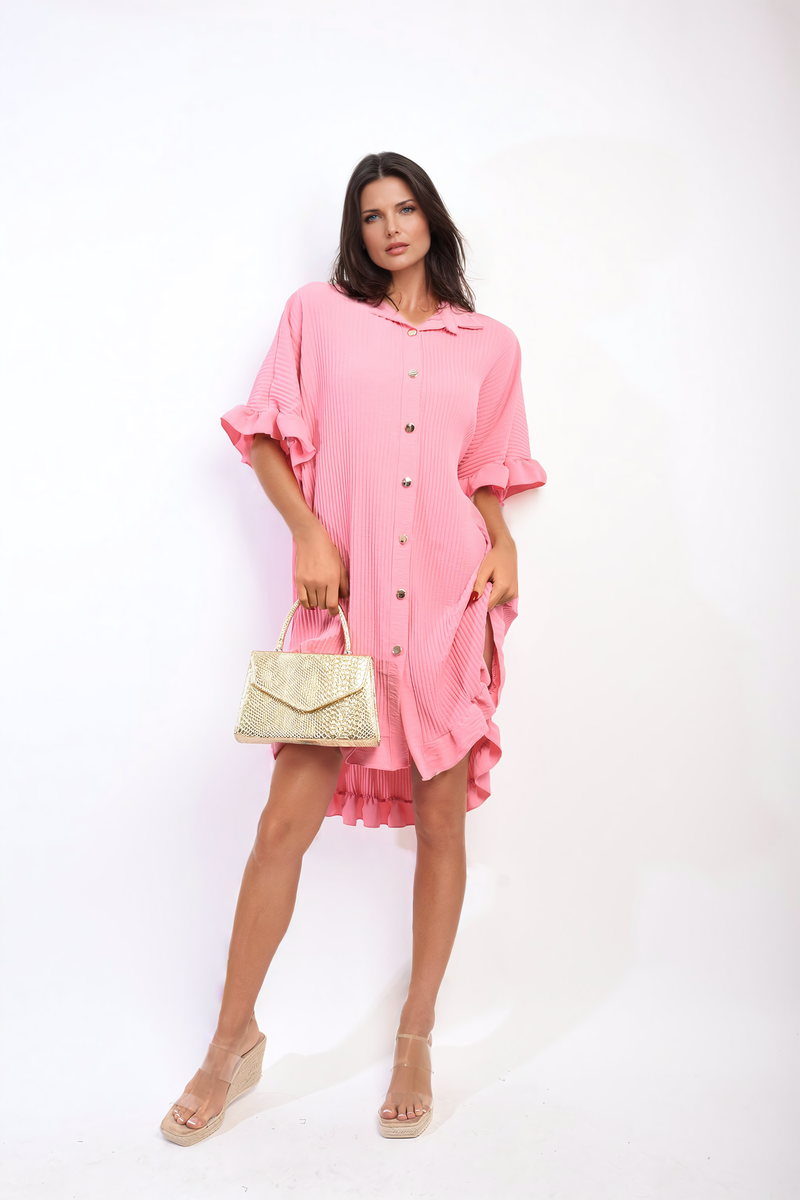 Button Down Oversized Ruffle Short Sleeve Mini Dress - Black River UK