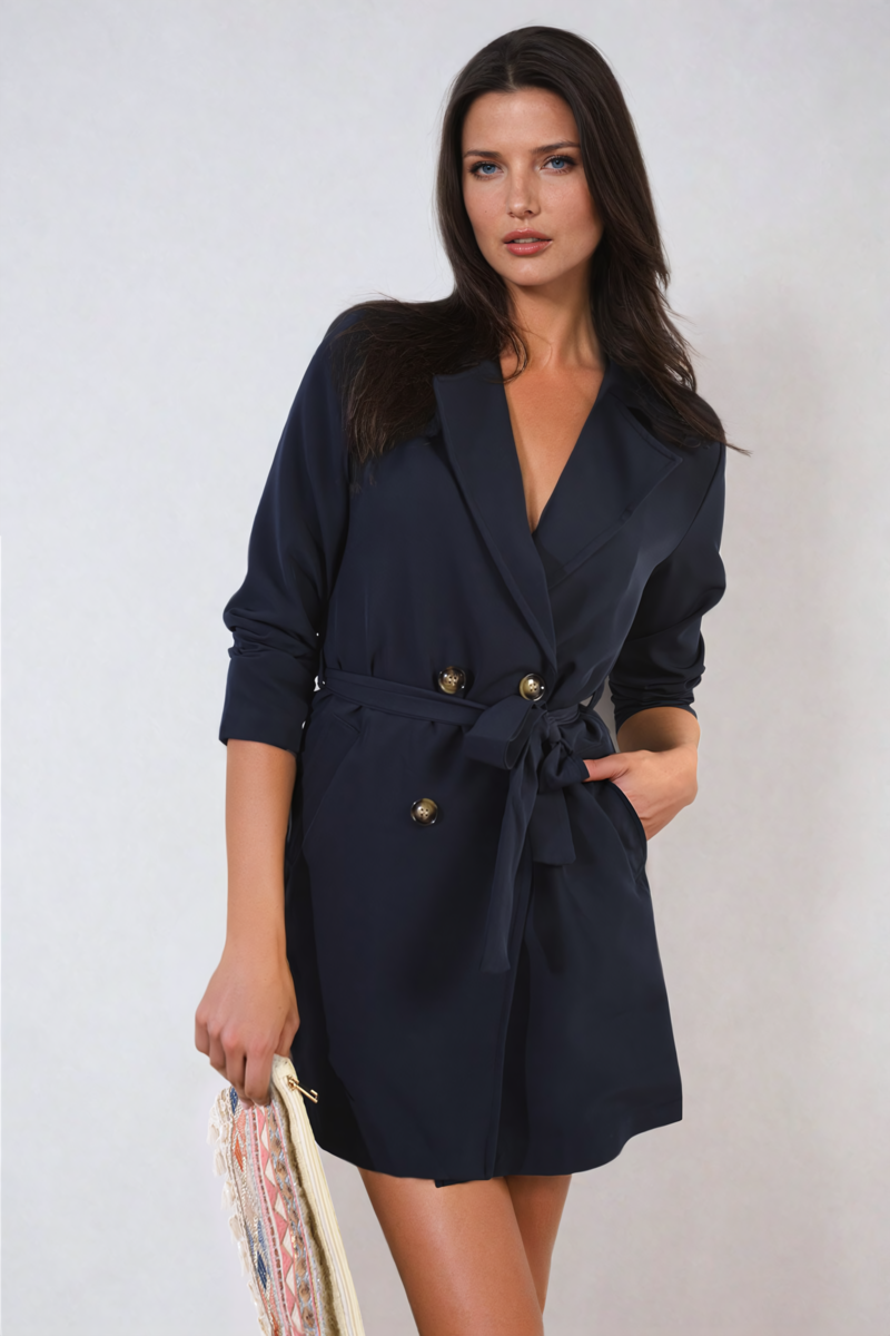 Oversized Waist Tie Button Detail Blazer Jacket - Black River UK
