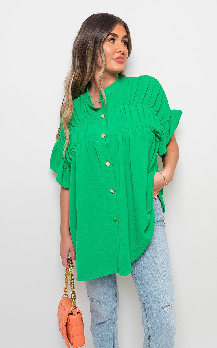 Button Down Pleated Frill Tops - Black River UK