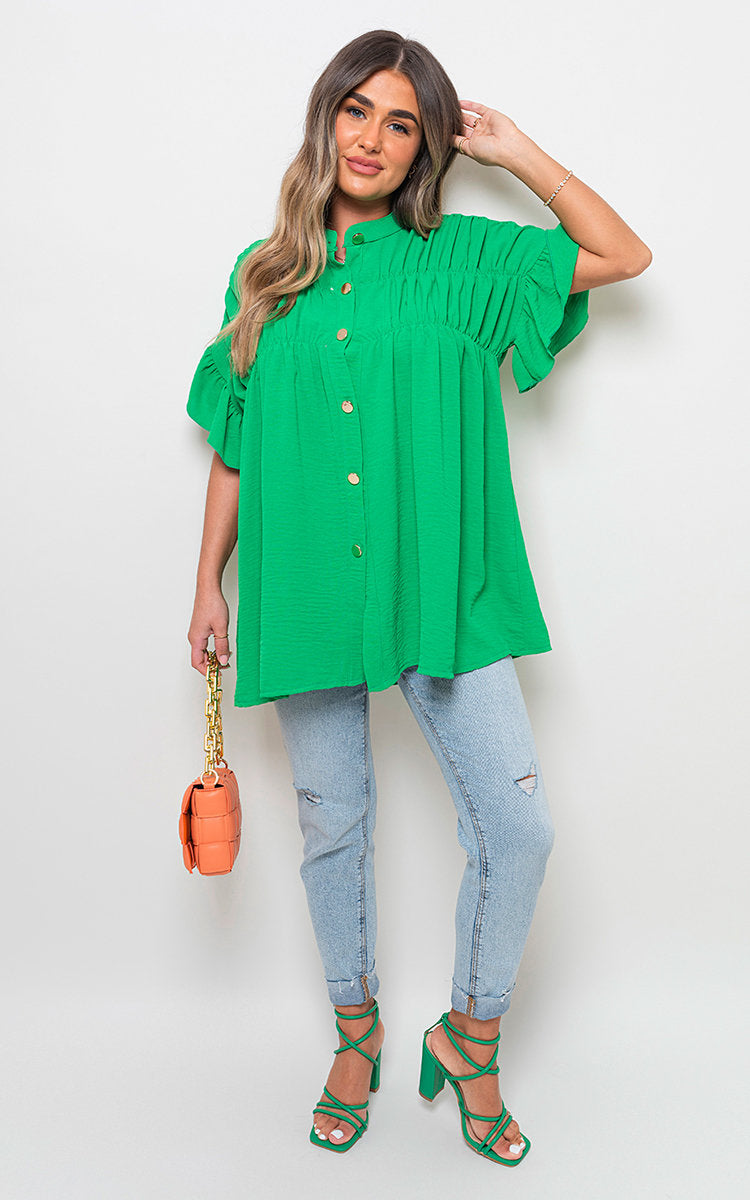 Button Down Pleated Frill Tops - Black River UK