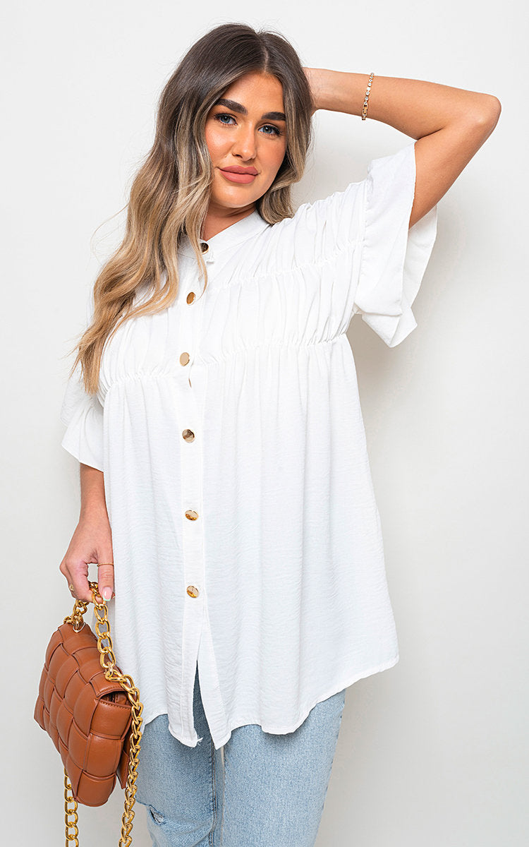 Button Down Pleated Frill Tops - Black River UK