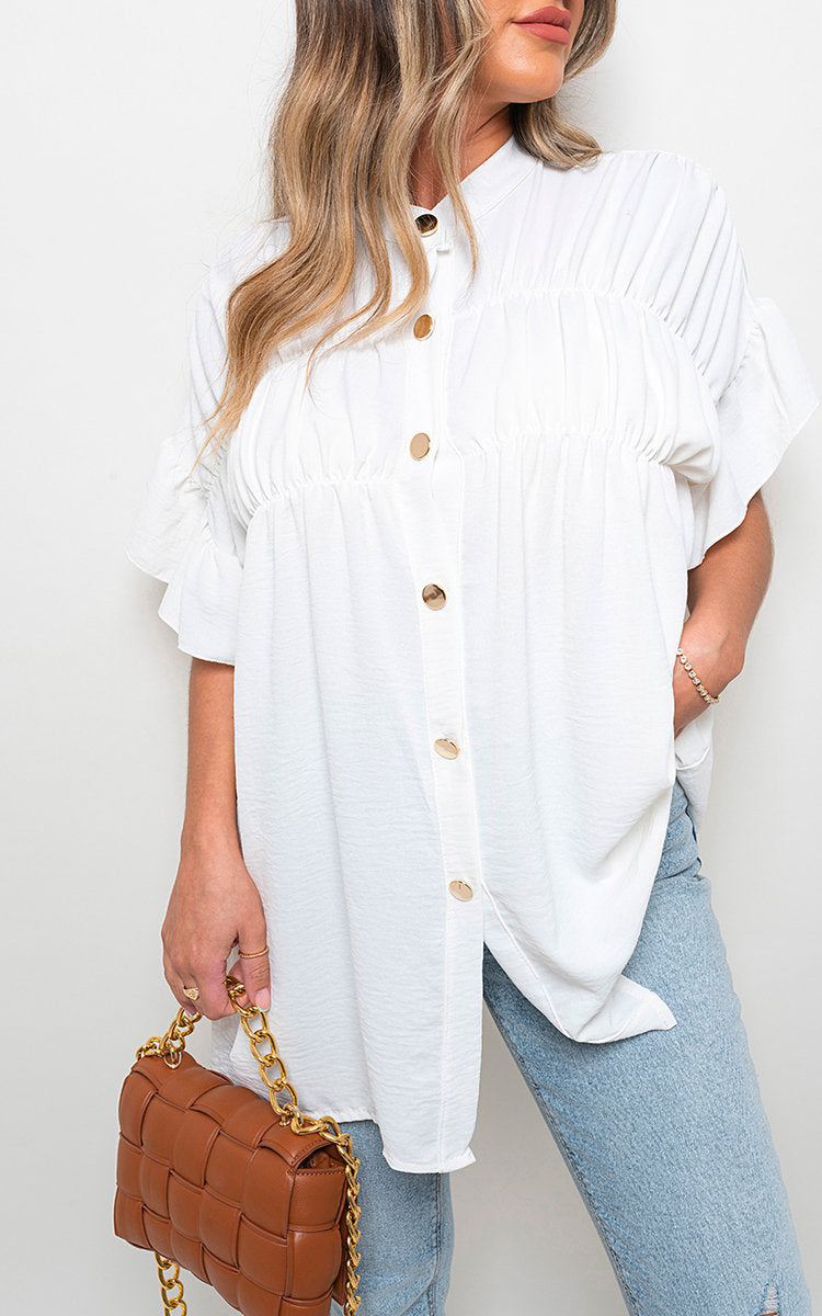Button Down Pleated Frill Tops - Black River UK