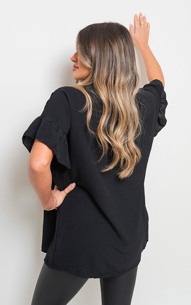 Button Down Pleated Frill Tops - Black River UK