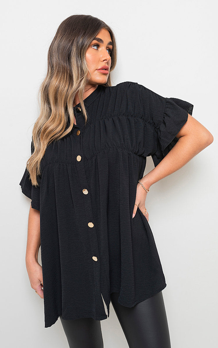 Button Down Pleated Frill Tops - Black River UK