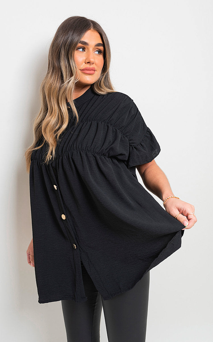 Button Down Pleated Frill Tops - Black River UK
