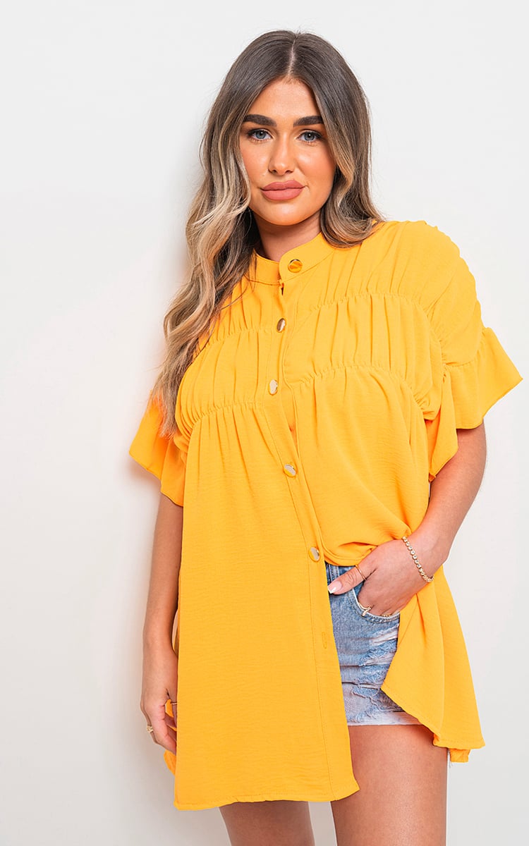 Button Down Pleated Frill Tops - Black River UK
