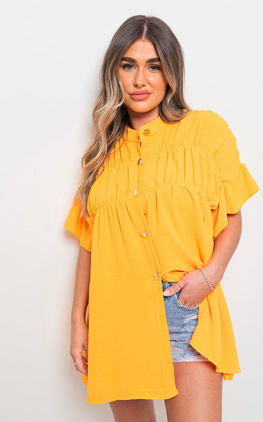 Button Down Pleated Frill Tops - Black River UK