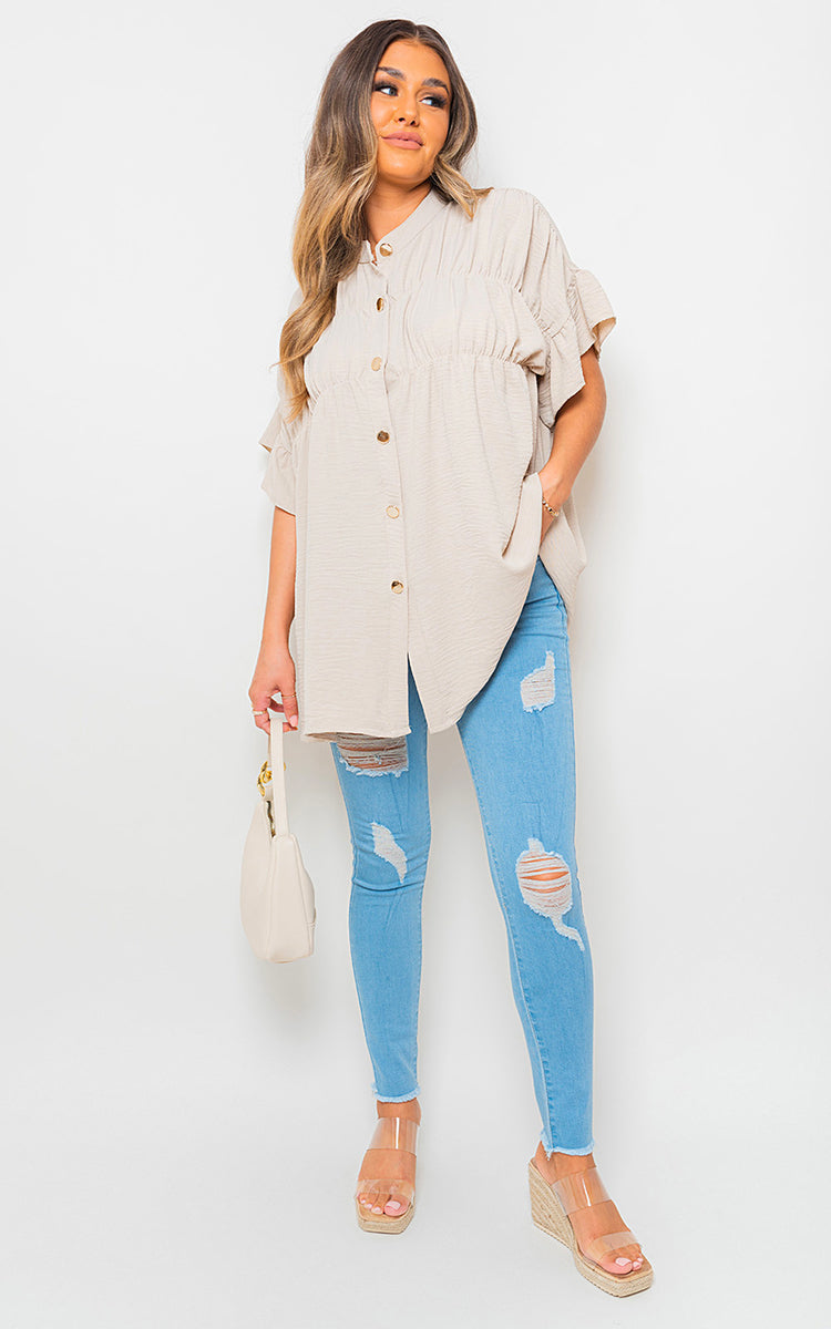 Button Down Pleated Frill Tops - Black River UK