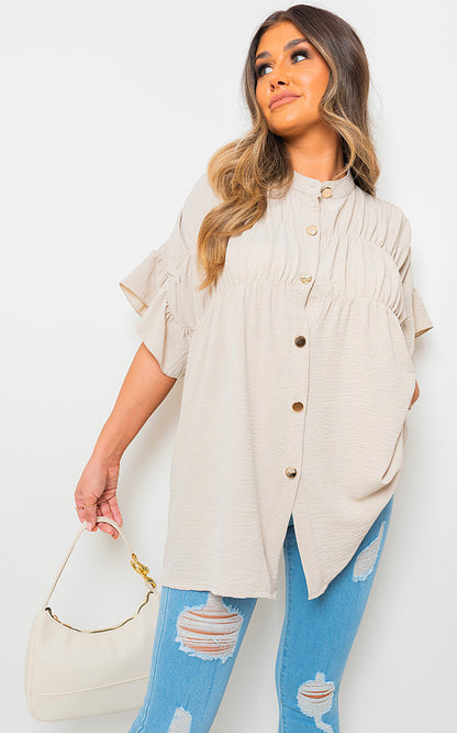 Button Down Pleated Frill Tops - Black River UK