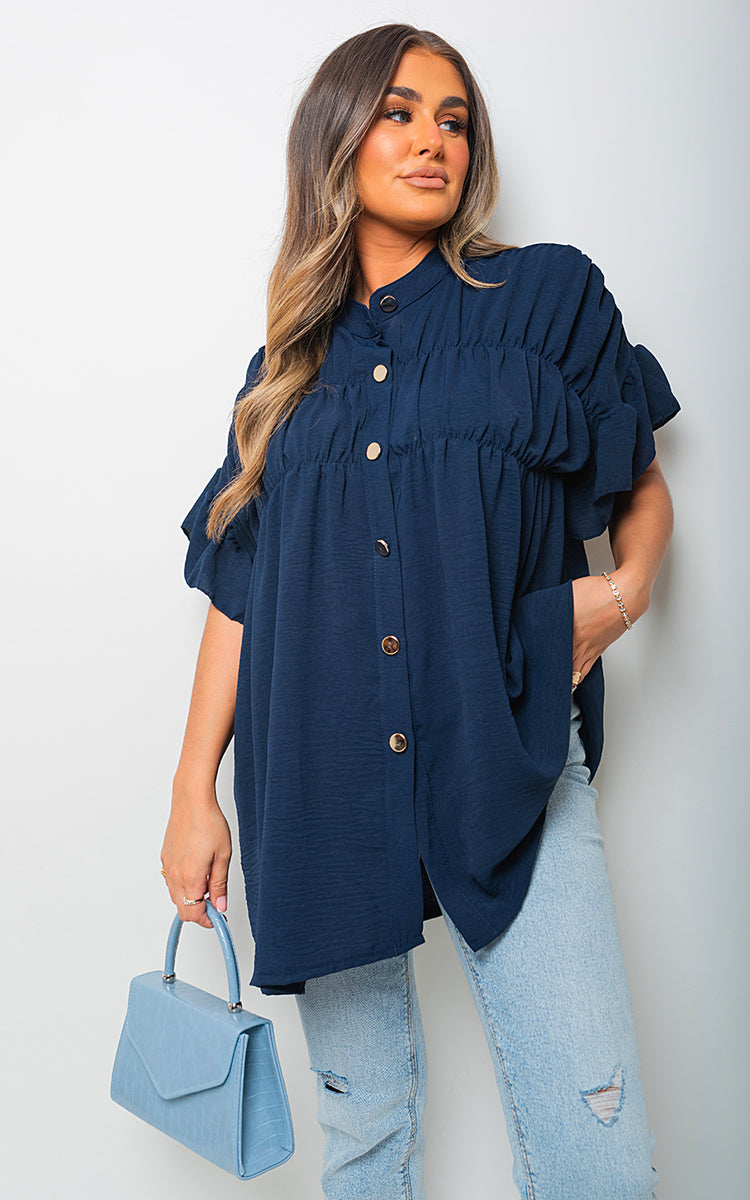Button Down Pleated Frill Tops - Black River UK