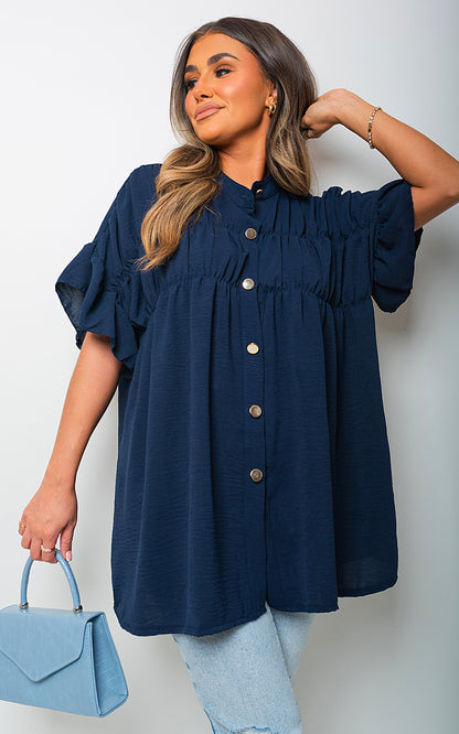 Button Down Pleated Frill Tops - Black River UK