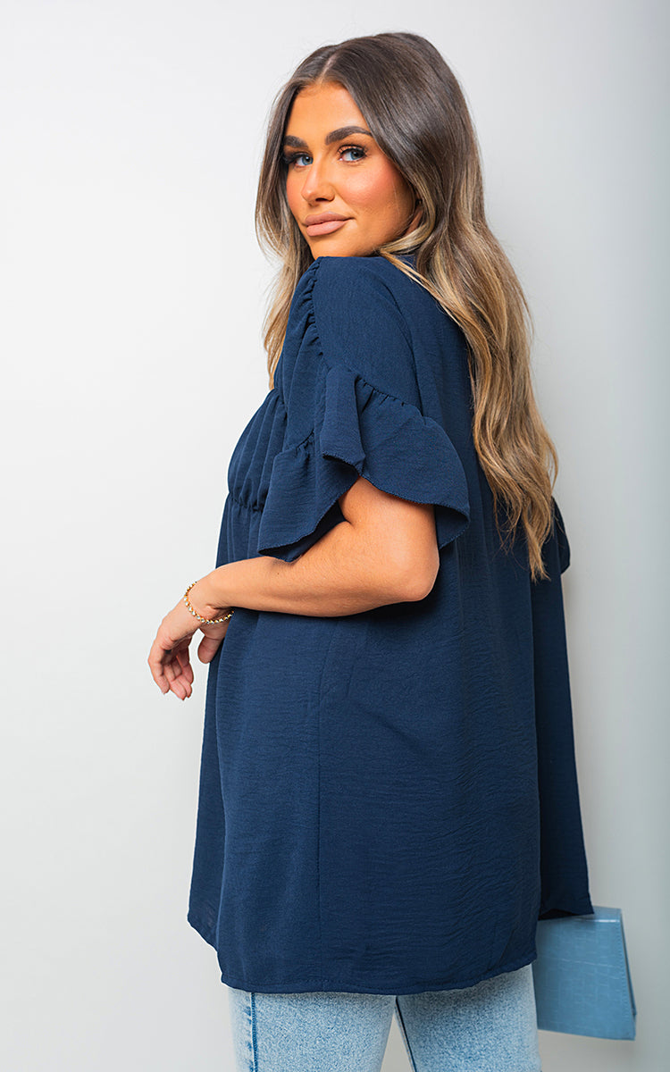 Button Down Pleated Frill Tops - Black River UK