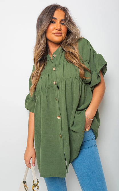 Button Down Pleated Frill Tops - Black River UK