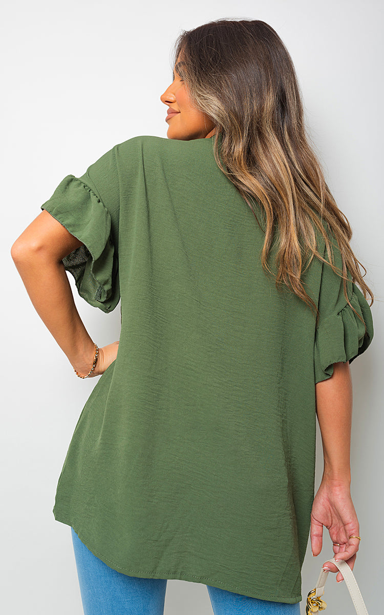Button Down Pleated Frill Tops - Black River UK