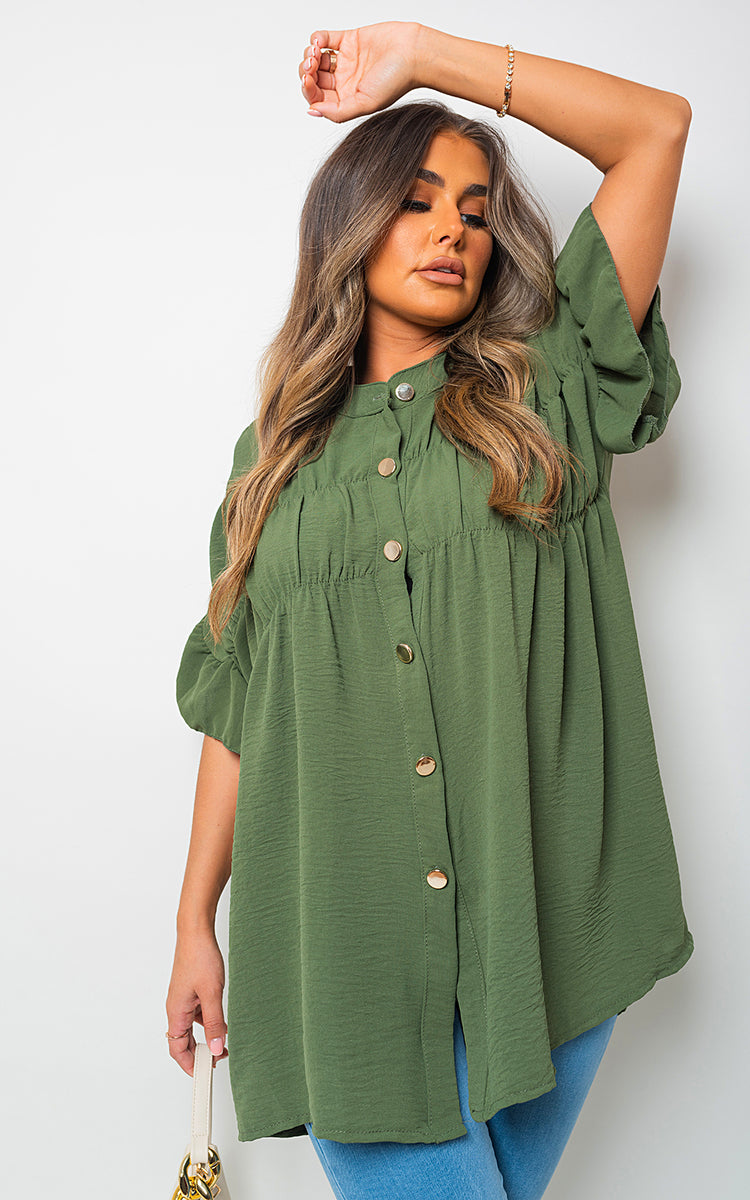 Button Down Pleated Frill Tops - Black River UK